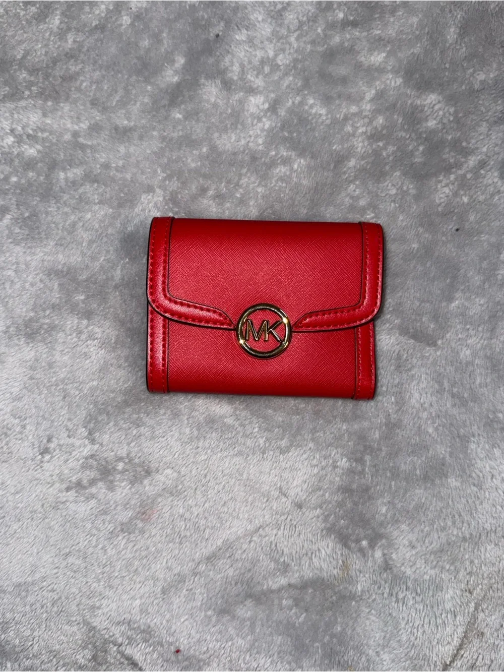 Michael Kors Red Saffiano Leather Trifold Wallet with Gold MK Emblem